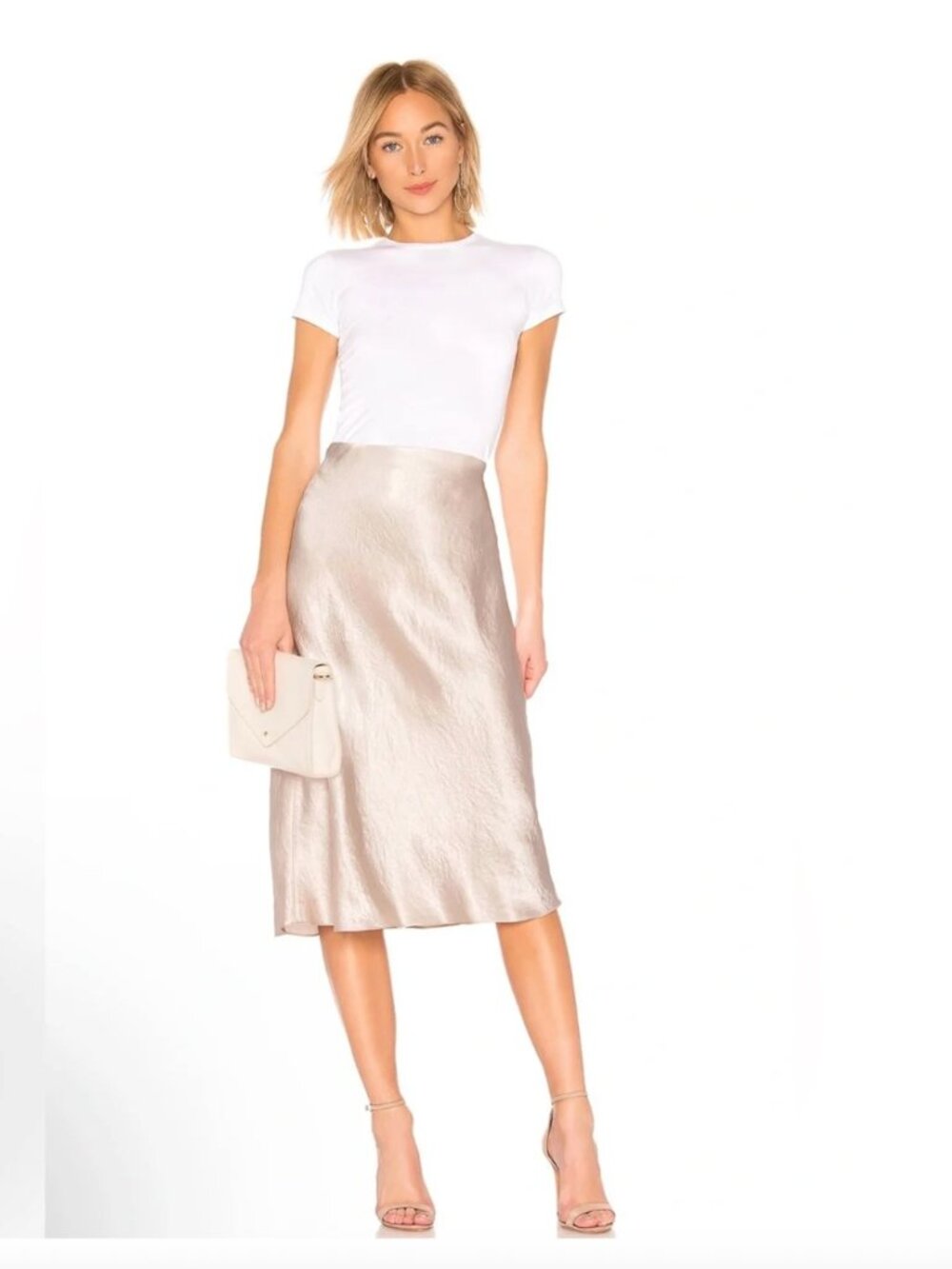 Vince Satin Slip Midi Skirt in Champagne Size Small $265